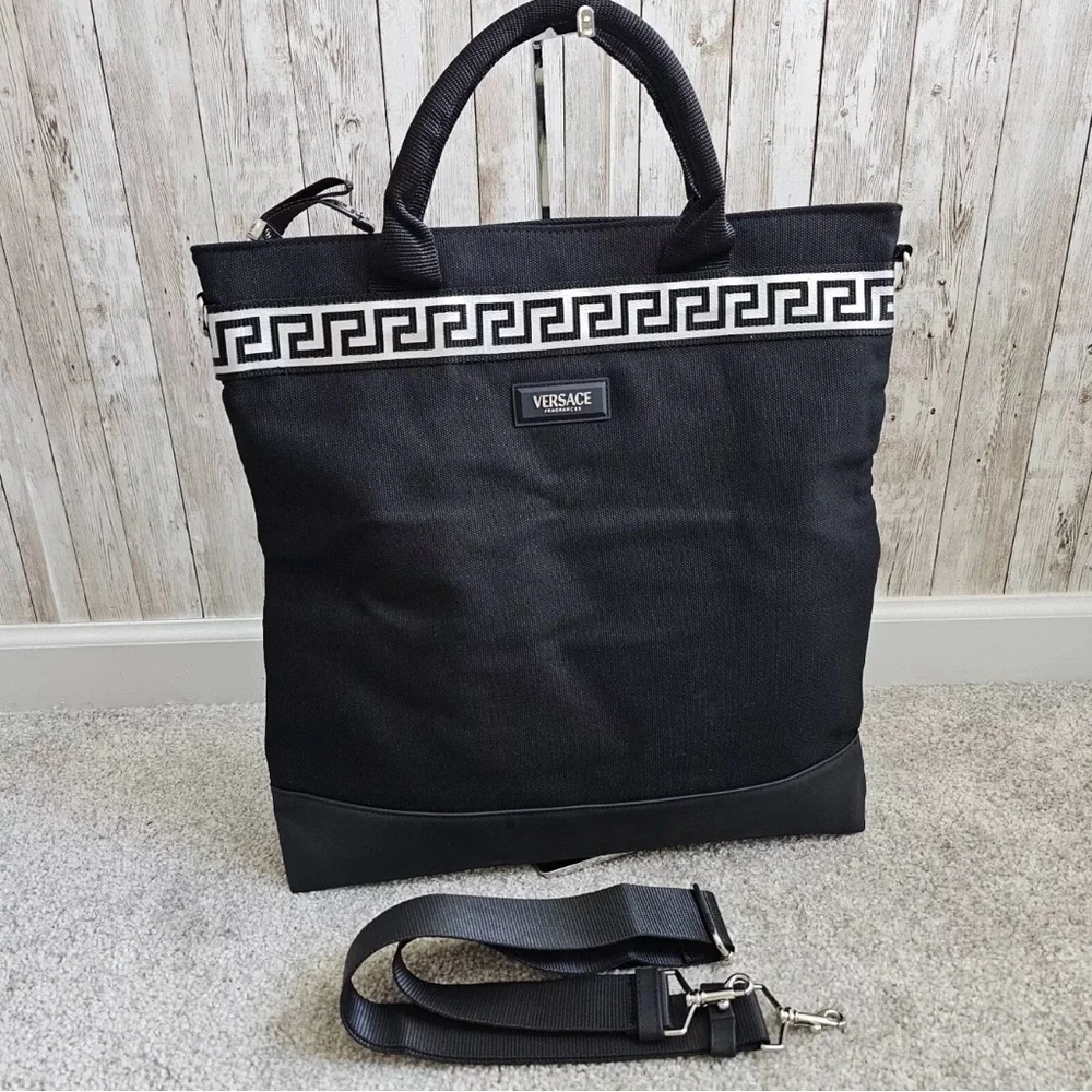 Versace Black Canvas Tote with Greek Key Trim